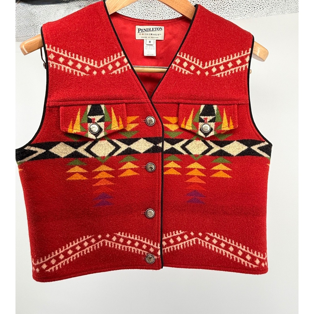 Pendleton Originals Womens Red Wool Southwestern Vest Button Front Size M USA